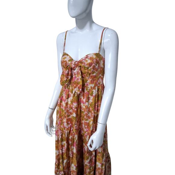 House of Harlow Linen Womens size S Bow Tie Tiered Earthy Floral Boho Maxi Dress - Picture 5 of 13